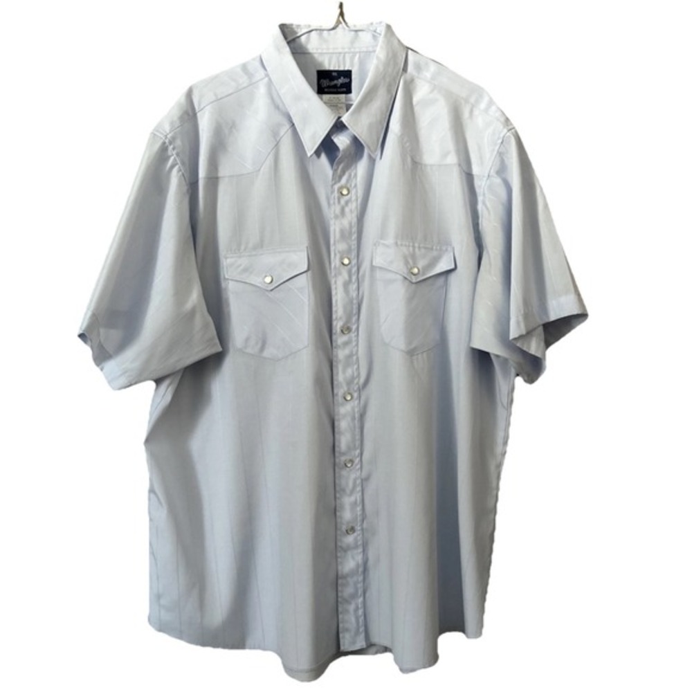 VTG Wrangler 2XL Men's Short Sleeve Pearl Snap Shirt Western Rodeo Light Blue‎